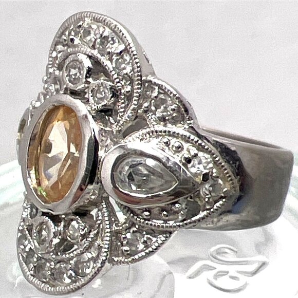 Sterling Silver Ring CZs Champaign & Clear Bezel Set Intricate Cluster Design - Picture 4 of 9